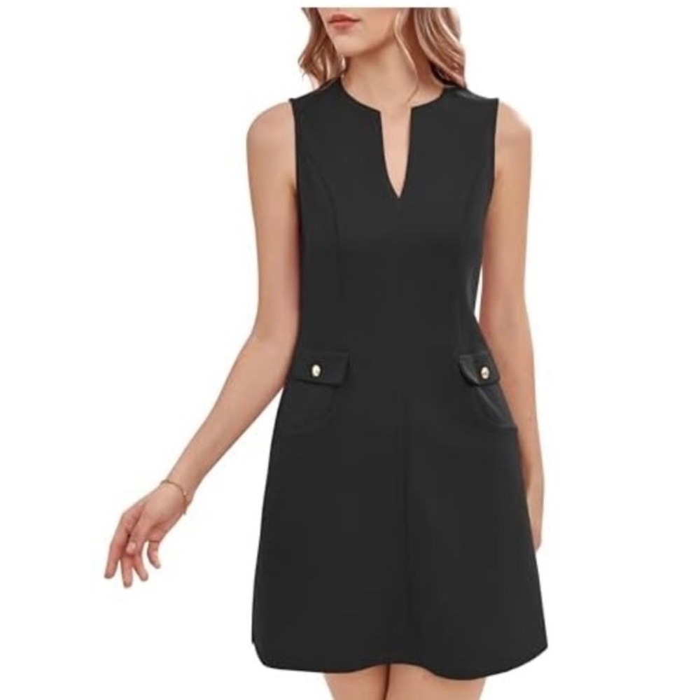 Woman's Work Dress V Neck Sleeveless Black Size Small Casual Business Slim Fit